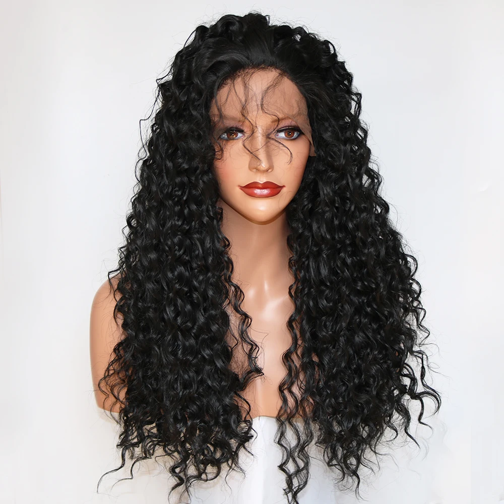 Black Water Wave Synthetic Lace Front Wig Heat Resistant Loose Curly