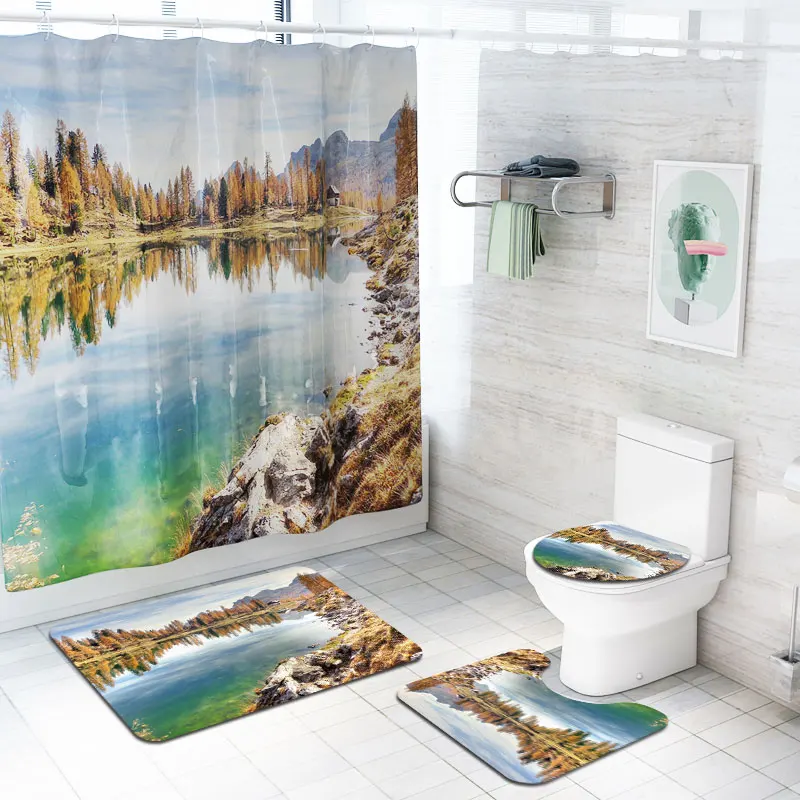 Scenery printed Amazon Custom print  Anti Slip Bath Mat and Shower Curtain Set