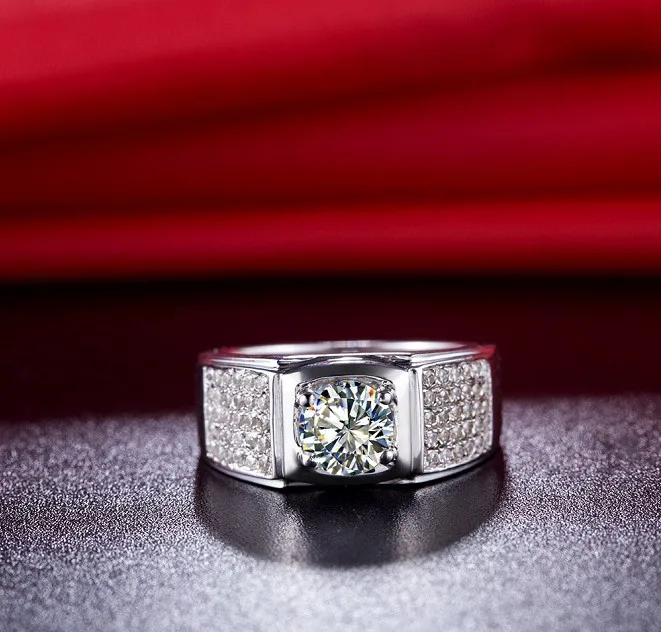 1ct Round Moissanite Male Wedding Ring White Gold 14k Men's Engagement