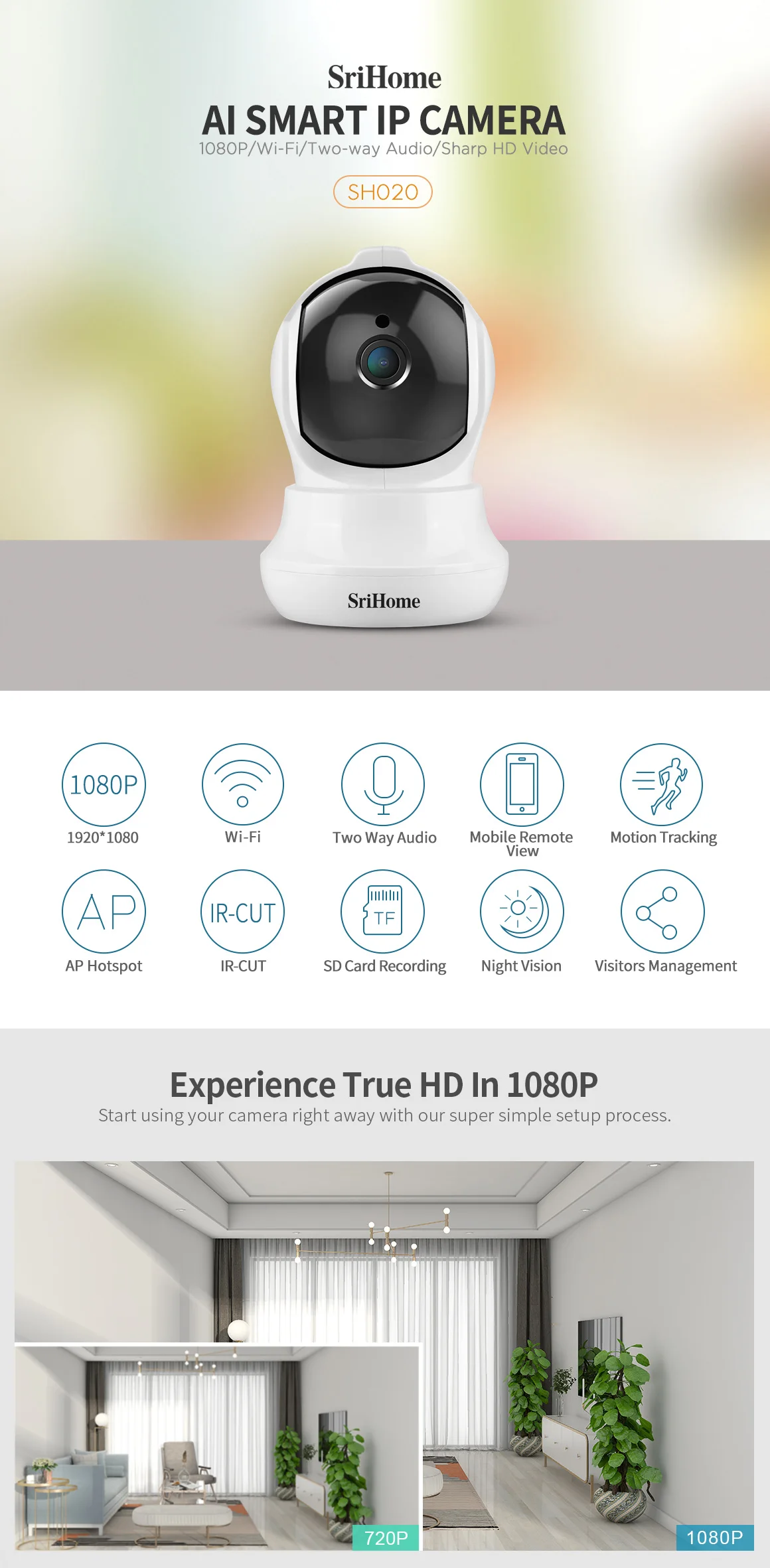 Srihome SH020 TF Card HD security camera system wireless night vision infrared ptz ai camera wifi camera 1080P