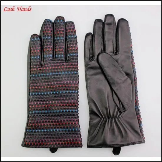 Ladies colorful knitted woven leather gloves