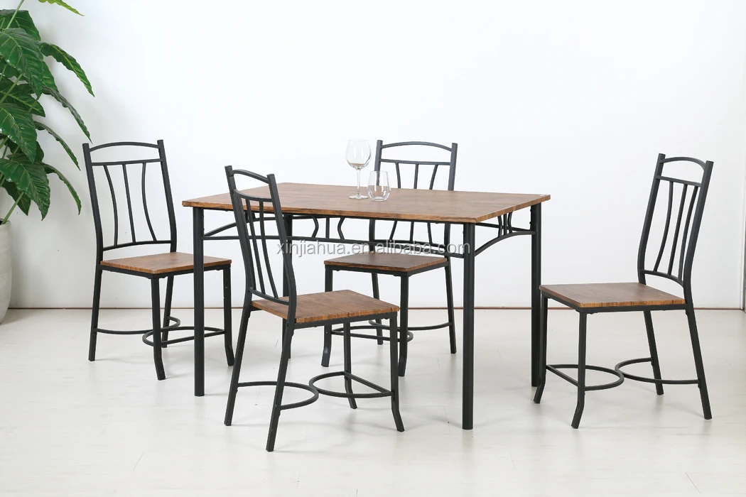 Modern design rectangle dining room table and chairs set wood tabletop metal legs dining table set 4 seater for home restaurant 