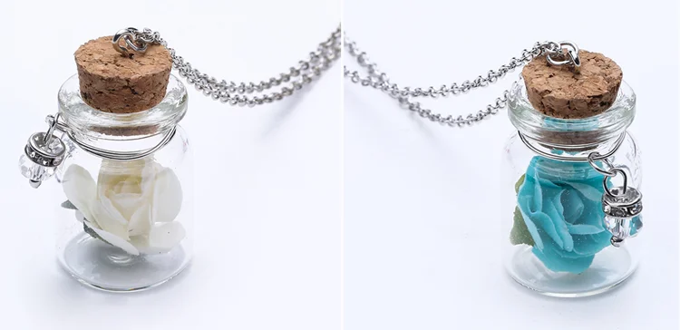 Women Custom Glass Bottle Pendant Jewelry Fashion Real Rose Necklace