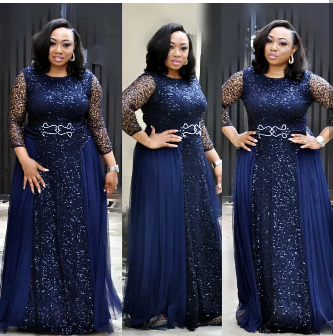 African Woman Sequin Lace Prom Dress Long Sleeve Chiffon Patchwork 
