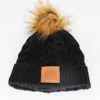 leather patch black beanie hat, knit beanie with fur pom pom, fleece lining beanie hat