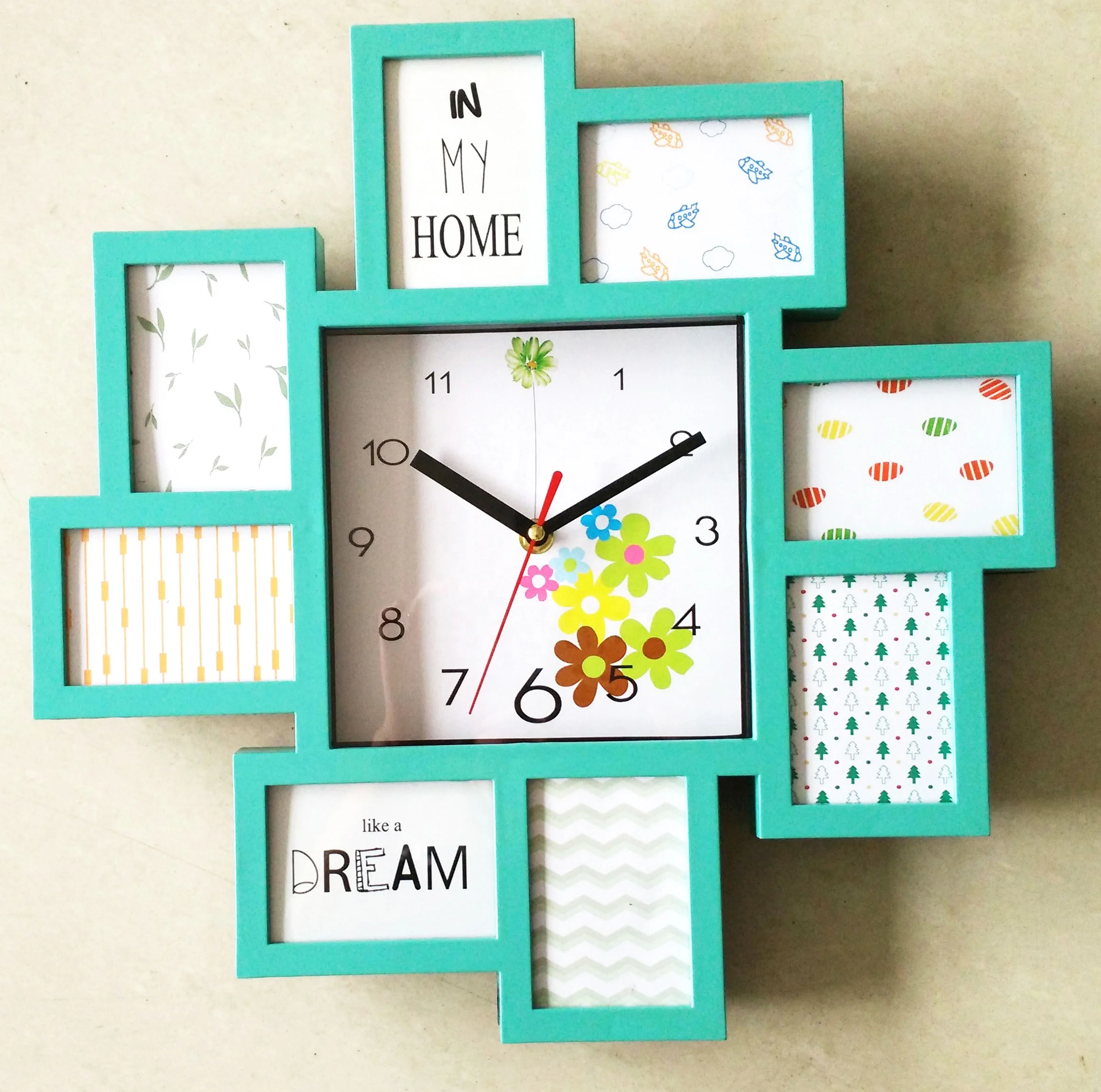 Wall Clock Different Shape Photo Frame Insert Clock With 8 Photo Frame