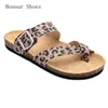 Elaborately designed leopard toe ring metal buckle cork EVA sole slippers