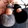 Creative Cartoon Doll Plush Ornaments Gifts Knitted cap Keychain Cute Adorable Sleeping Baby fur pom pom Pendant Keychain