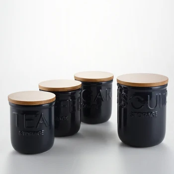 Black Ceramic Tea Coffee Sugar Biscuit Canister Set With Wooden Black Ceramic Tea Coffee Sugar Biscuit Canister Set With Wooden Cover