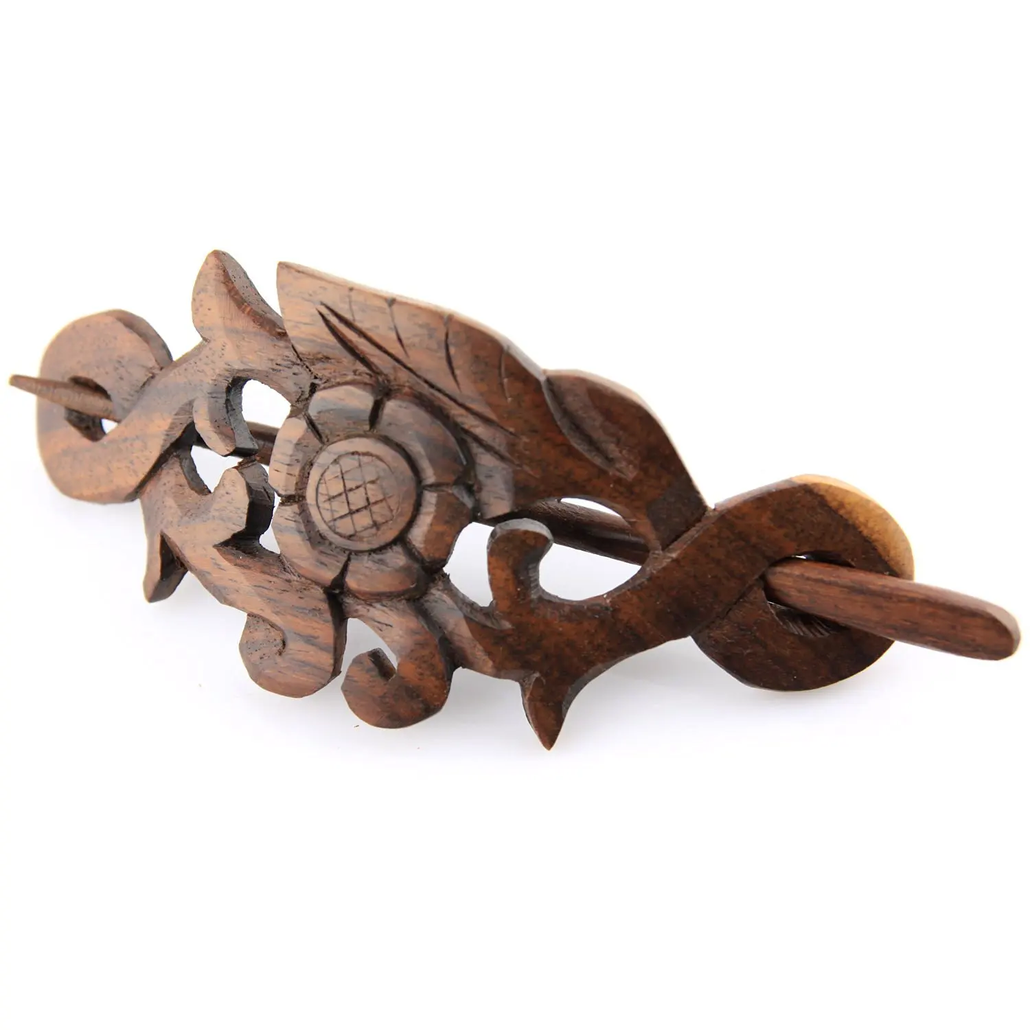 Evolatree - Hand Carved Sono Wood Natures Heart Floral Leaf Crest Hair Pin Barrette - 4"