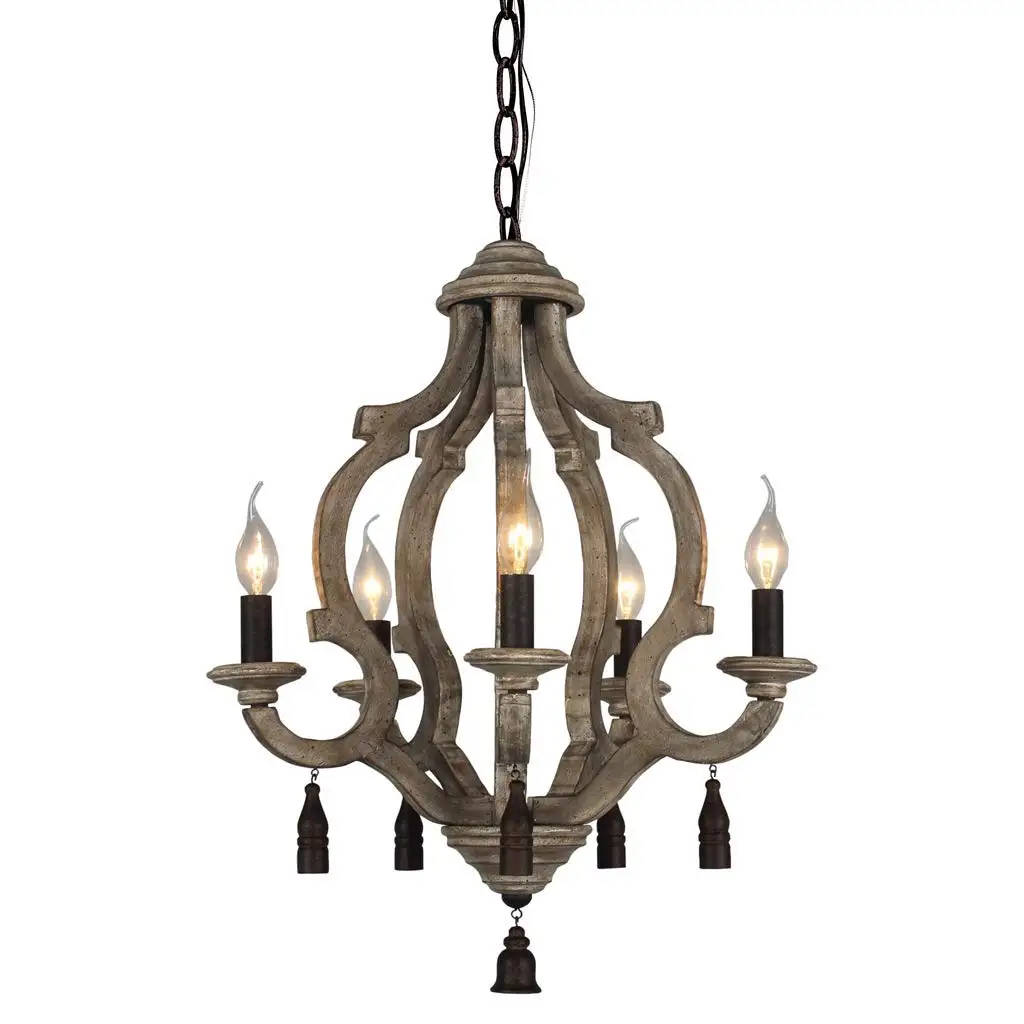 Foyer Living Room Bedroom DOCHEER Vintage Wooden Chandelier 5-Candle Holder Lights Distressed White Wood Metal Chandeliers 22.5 Wide for Dining Room Entryways