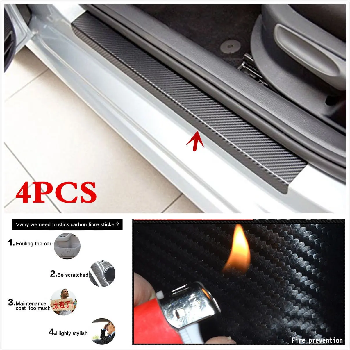 4PCS Accessories 3D Carbon Fiber Black Car door Plate Door Sill Scuff Plate Cars Sticker Anti-kick Scratch Auto Car-styling