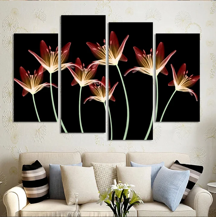 4 件百合装饰墙绘画花帆布绘画家居装饰图片客厅模块化图片的墙壁图片