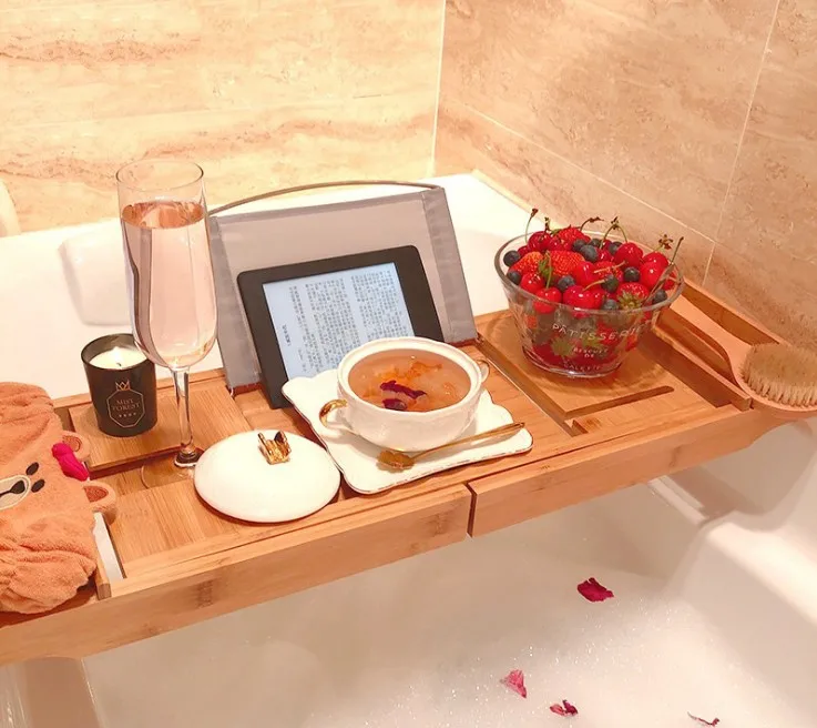 Wholesale adjustable bathroom bamboo bath bathtub  caddy tray  with extending sides