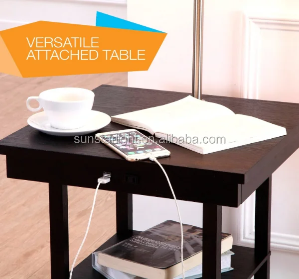 Modern Wood Floor Lamp With Built In Black Table Shelf Multi