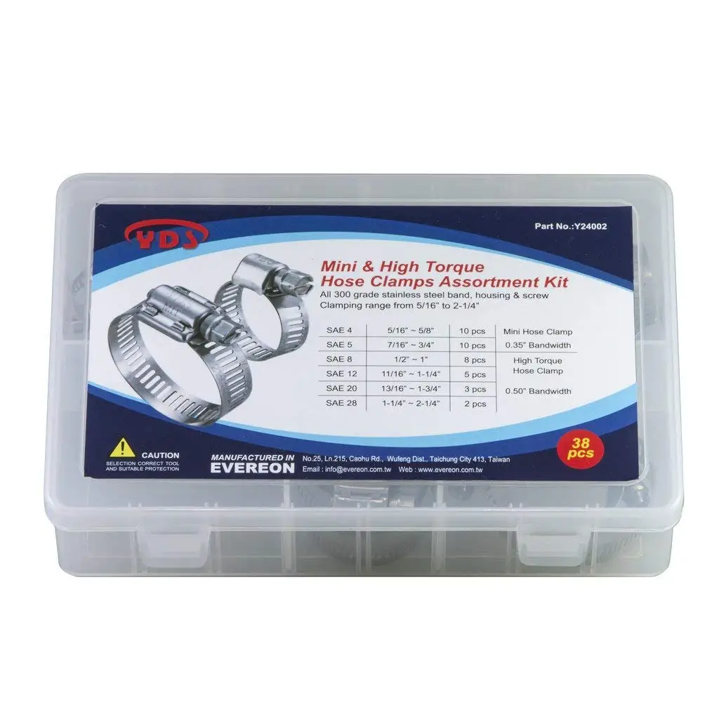 YDS 38 Pieces Mini & High Torque Hose Clamps Assortment Kit, All 300 Grade Stainless Steel, SAE Size: 4 (5/8"), 5 (3/4"), 8 (1"), 12 (1-1/4"), 20 (1-3/4"), 28 (2-1/4")
