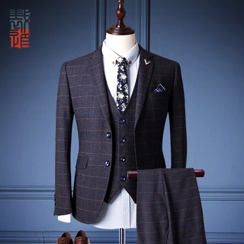 marriage design coat pant for Suit 3 Good Piece Designer Plaid Manufacture Wool Quality