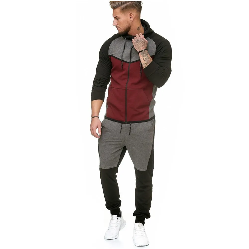 Wholesale Outdoor Casual Color Matching Tracksuit Men Stitching Fleece Set