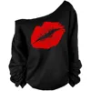 2018 Red Lips Offset Print Women Tops Long Sleeve Loose Fit Tee Shirts Plus Size Women Clothing Hoodies