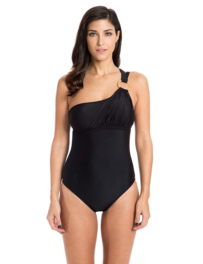 Ecoach Black Semibackless Bathing Suit Ruched Tummy Control Crotchless
