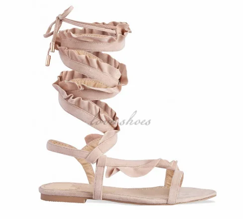 Nude Suede Lace Up Ruffle Sandals Flat Sandals For Girls Design - Buy