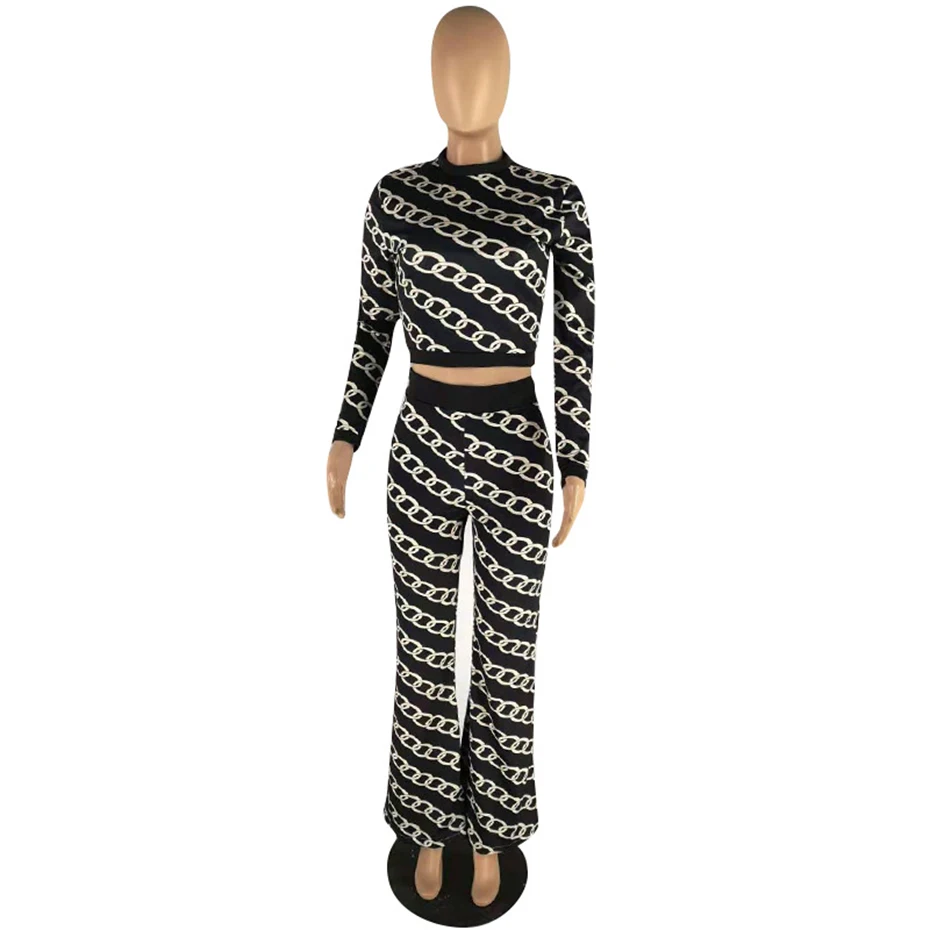 2019 fashion design women clothing long sleeve top wide leg pants two pieces set