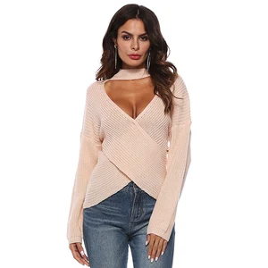Winter Fashion Casual Pink Font Hollow Out Cross Long Sleeve Halter Woman Sweater Top Winter Fashion Casual Pink Font Hollow Out Cross Long Sleeve Halter Woman Sweater Top