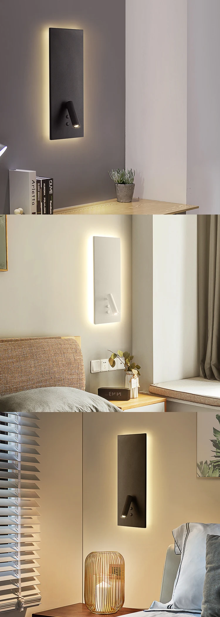 Modern bedroom adjustable rectangle aluminum bracket 3W LED reading wall light with switch