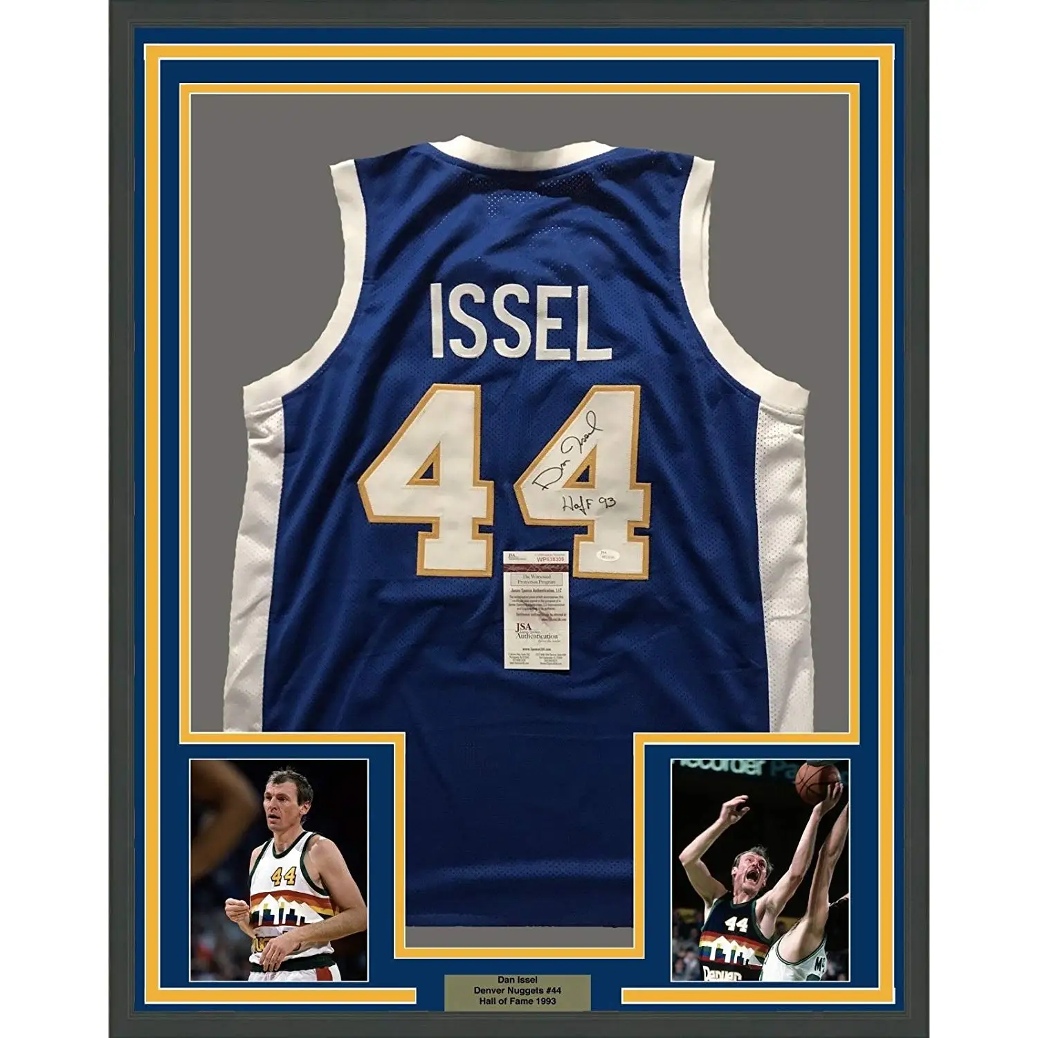 Framed Autographed/Signed Dan Issel "HOF 93" 33x42 Denver Nuggets Blue Basketball Jersey JSA COA