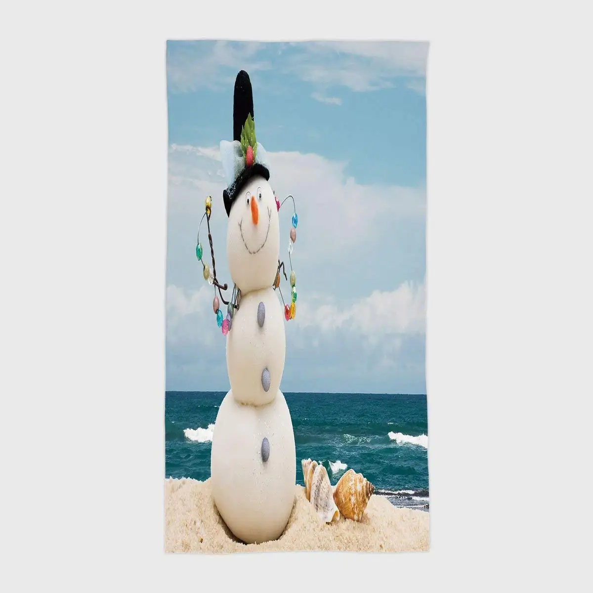 One Side Printing Hotel SPA Beach Pool Bath Hand Towel,Snowman Winter Vacation Holiday Theme Snowman with Seashells Sitting on Sandy Beach Coastal Decorative Multicolor,for Kids Teens and Adults