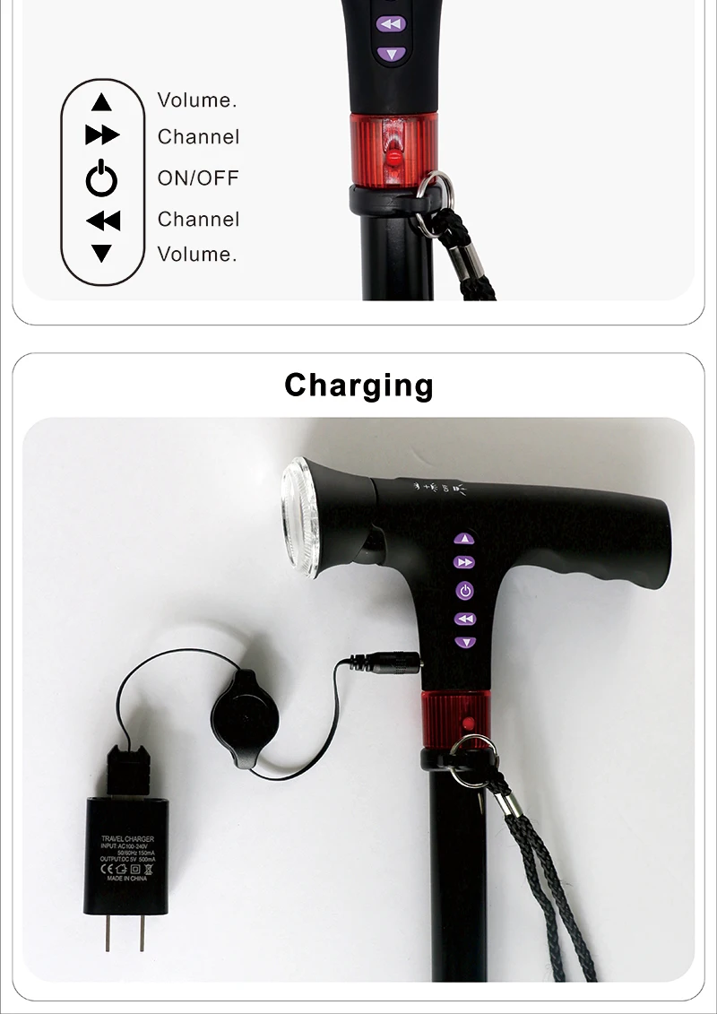 Aluminum Folding Walking Cane With LED Light with Radio with Alarm