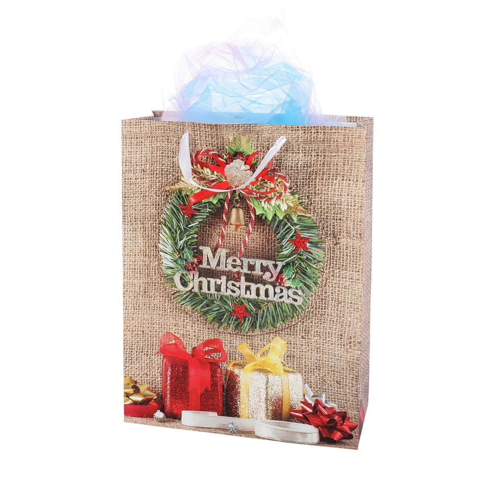 Custom Logo Print Wear Resistant Kraft Christmas Door Gift Paper Bag Fashion Shopping Paper Bag