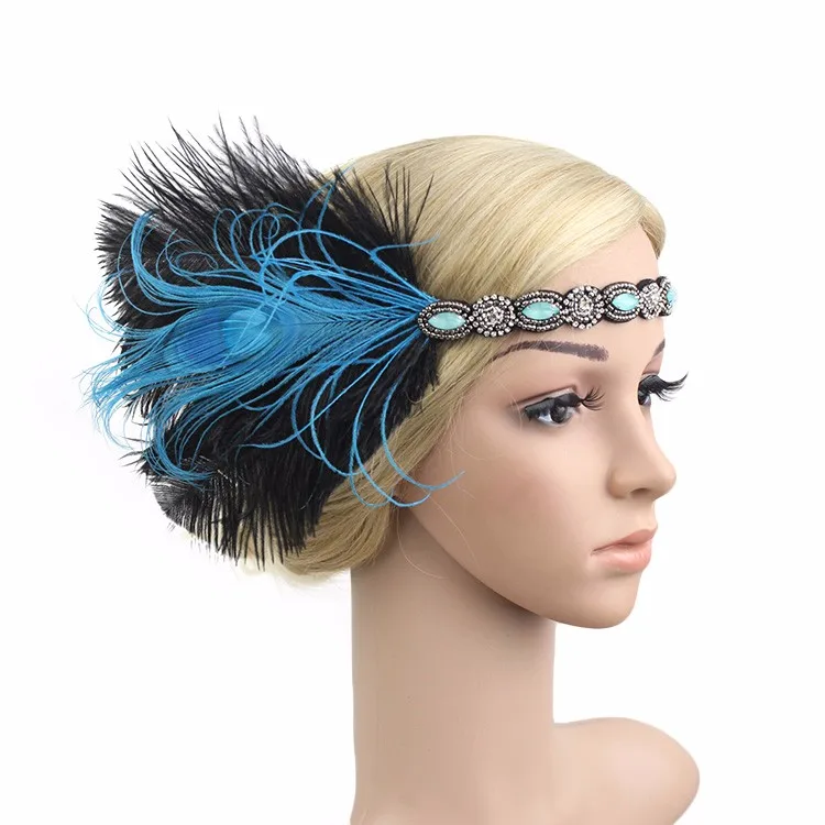 Black & Silver Feather Headpiece Vintage 1920s Flapper Headband Great Gatsby Y31 