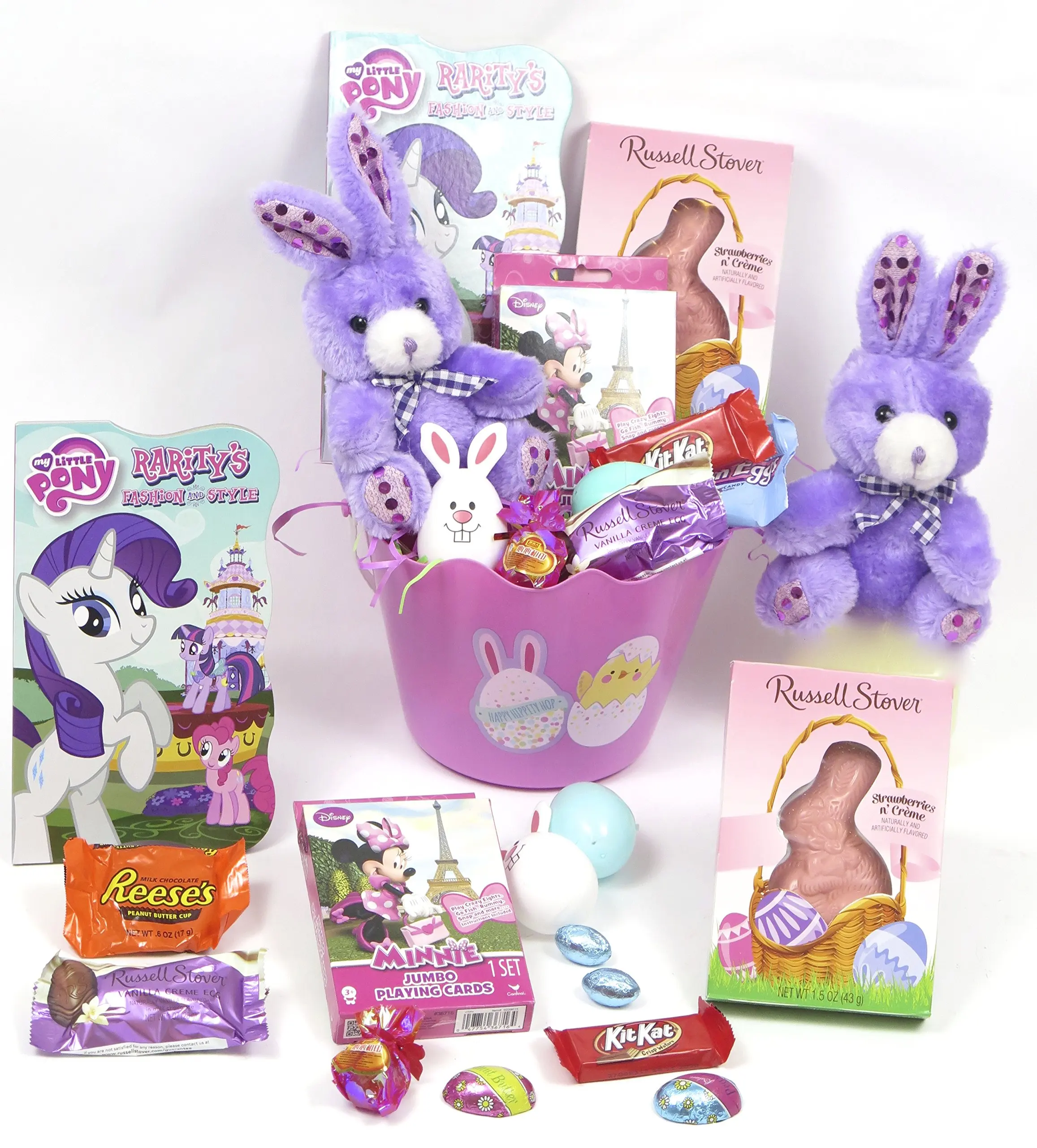 Girl's My Little Pony Pink Easter Basket, Includes Pony Book, Mickey Puzzle, Russell Stover Easter Chocolate Bunny, plush Bunny, and chocolate bars.