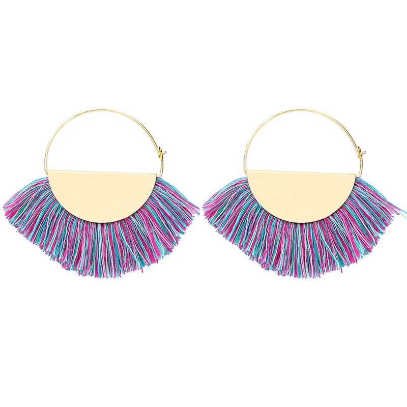 New Arrival Gold Plated Bohemian Handmade Fan Shape Thread Tassel Drop Hoop Earrings