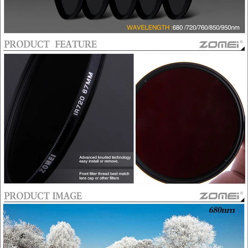 Zomei 58mm 850nm Optical Glass Pro Quality Infrared Infrared Ir Filter