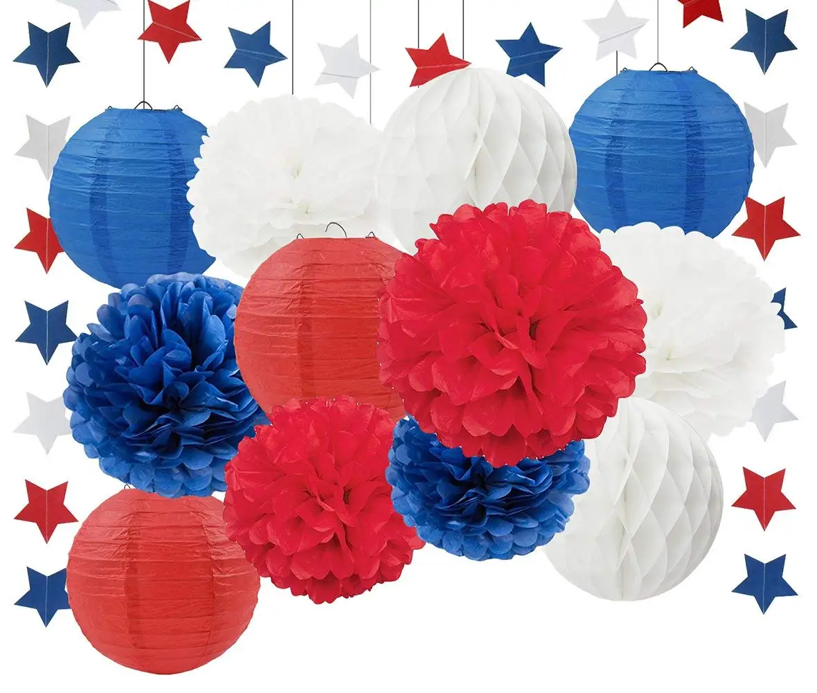 Labor Days Party Decorations Veterans Day Party Decorations Patriotic Decorations Navy White Red Tissue Pom Poms Paper Lanterns Paper Honeycomb Ball Blue Red White Paper Star Garland Party Supplies