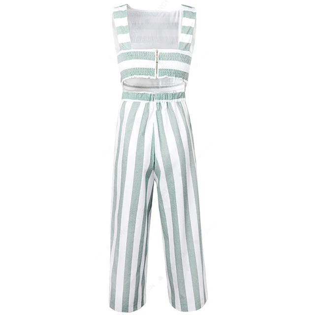 Sleeveless Striped Cotton and Linen Casual Summer Cropped Women Jumpsuit and Romper