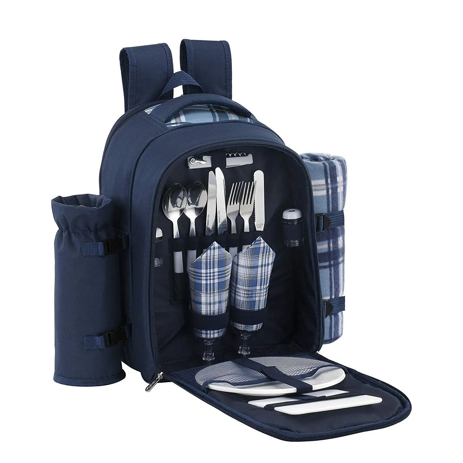 Picnic Backpack 4 Person Premium with Cooler Compartment, Free Picnic Recipe Ebook, Premium Fleece Blanket,Premium Flatware and Plates Dishwasher Safe (2 Person Picnic Backpack)