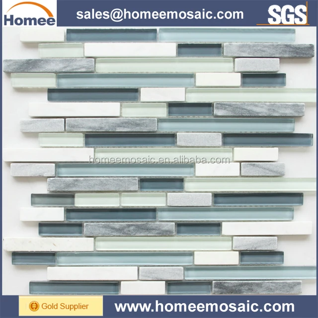 Strip Shape Green Color Glass Mix Marble Mosaic