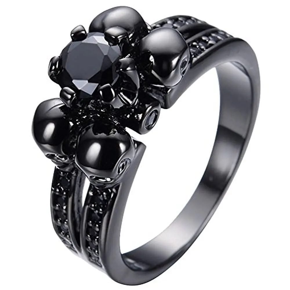 Sugar Memory Black Sapphire Vintage Skull Jewelry Women/Men Party Ring anel Black Gold Filled Finger Rings anillo Punk Style Sz5-12