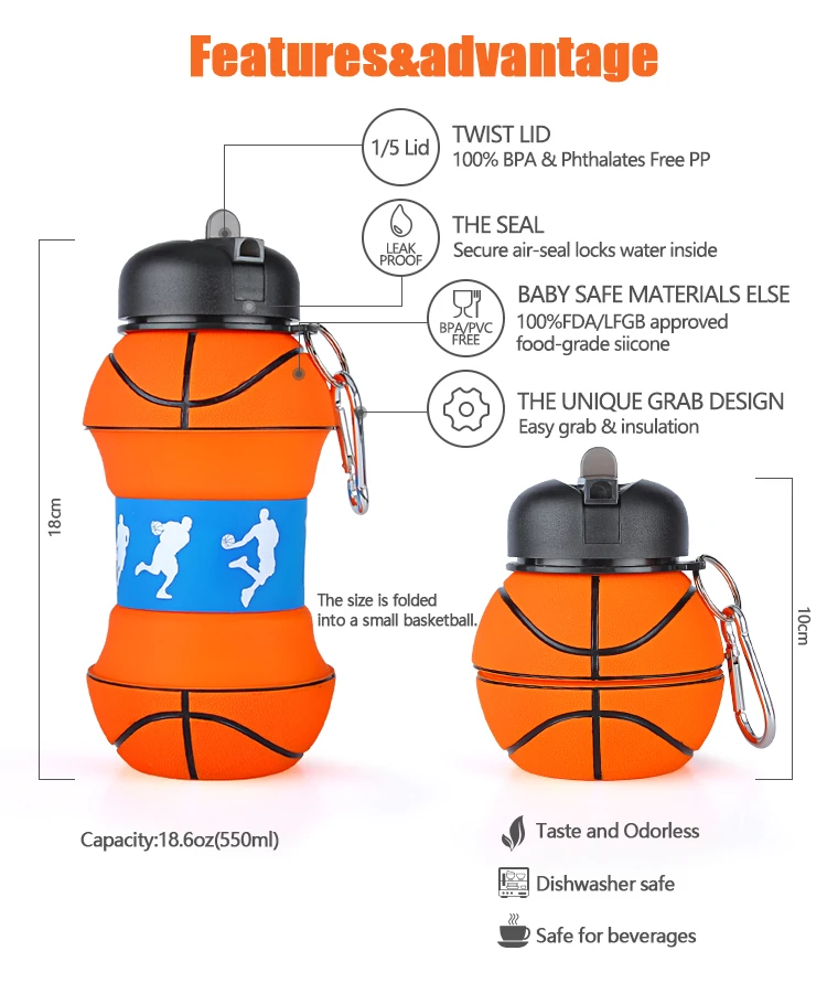 Basketball Shaped Bpa Free Silicone Foldable Children School Water Bottle Kids