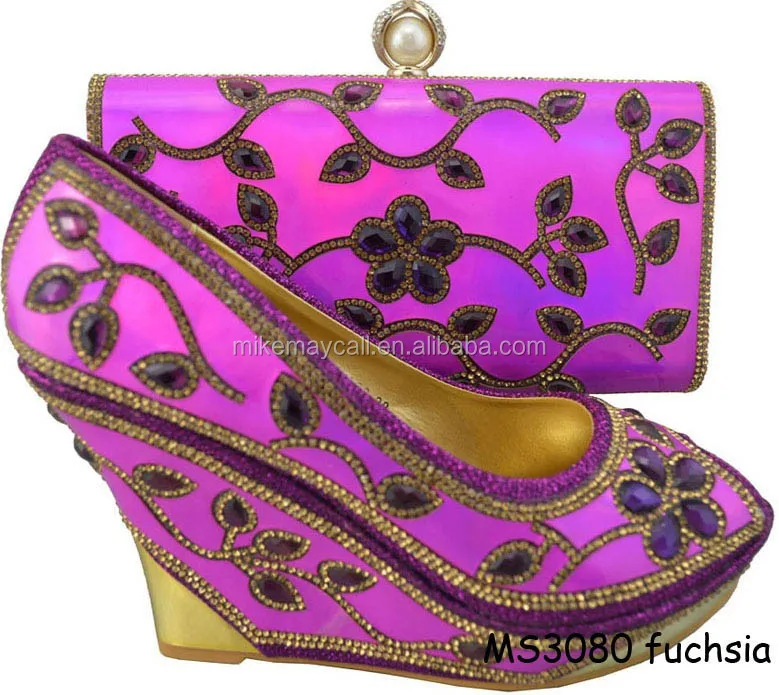 MS3080 FUCHSIA summer shoe Matching shoe and bag set 2015 women shoes for nigeria party/wedding