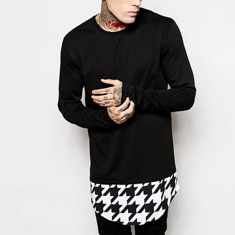 Long Sleeve Contrast Print Curved Hem Mens Fashion Longline T Shirt