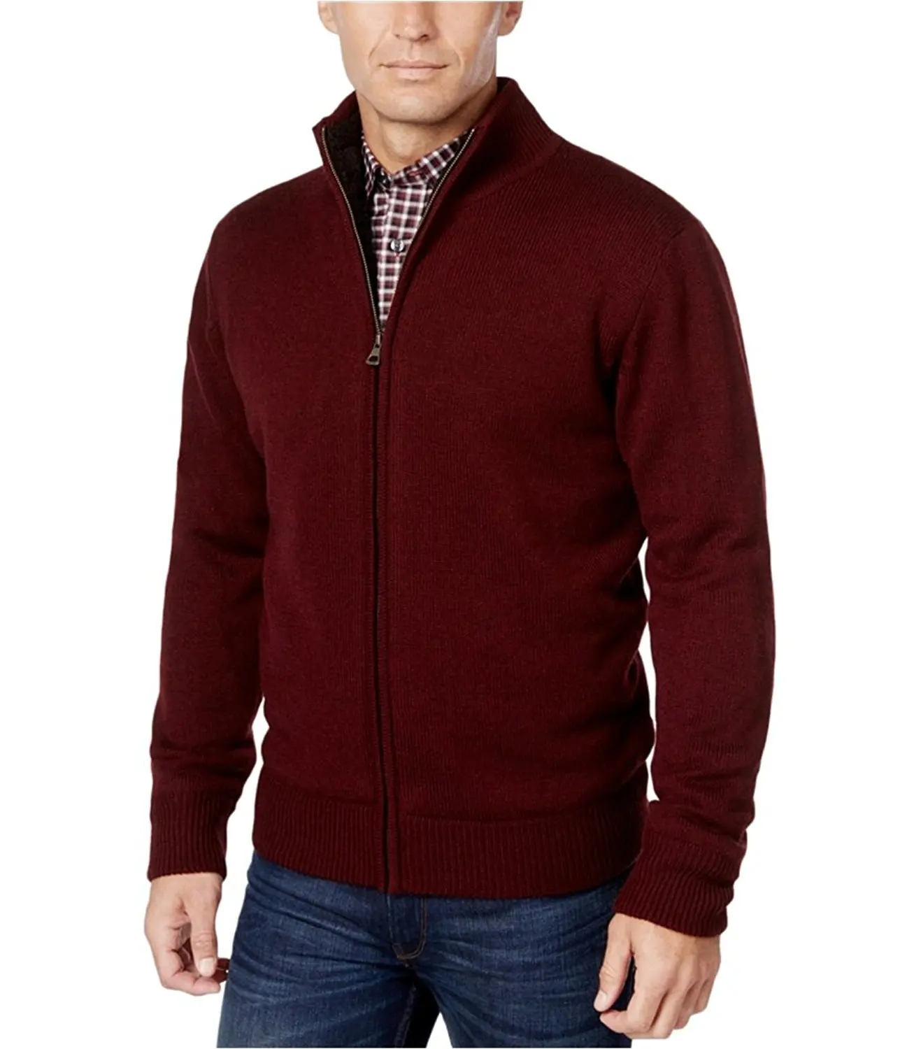 BU2H Men Zip-Up Knit Stand Collar Open-Front Relaxed-Fit Cardigan