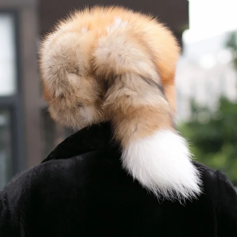 银色狐狸毛皮 ushanka 帽子 100% 真正的毛皮与狐狸尾巴帽子