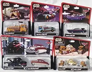 Disney Cars 1:55 Scale Diecast Star Wars Series 2, complete set of 8 cars (5 packages including two multi-pack) Mater as Darth Vader, Doc as Obi-Wan Kenobi, Luigi as C-3PO and 2 Pitties as Jawas, Ramone as Han Solo, Chick Hicks as Boba Fett, Red as Chewbacca