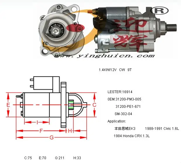 Honda CRX 1988 to 1991 1.6L Engine Starter Motor