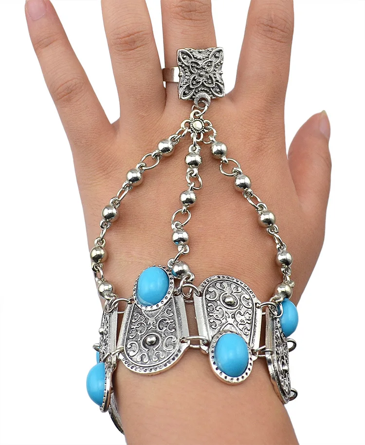 Retro Inlay Blue Resin Beads Pendant Silver Plated Hand Chain Ring Bracelet 