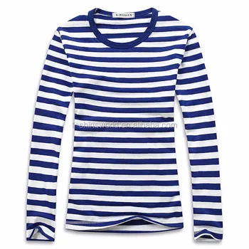 Girls Fashion Design Of Full Hand Blue White Striped T Shirts In Oem ...